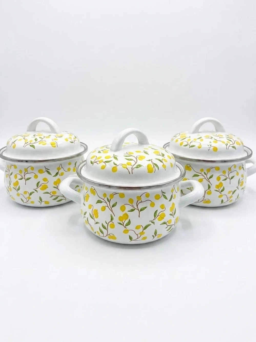 Lot Of  3 Crofton 1 -Quart Lemon  Enamelware Double Handle W/Lid